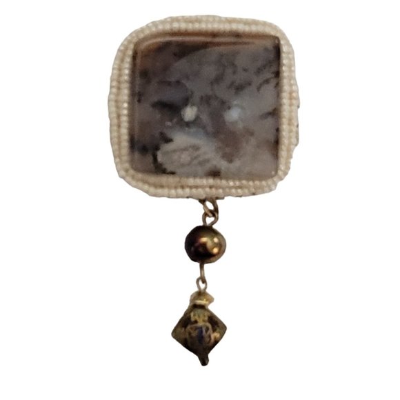 Glass White Bead Square Moss Agate Asian Bead Dangle Brooch K893 - Picture 3 of 9